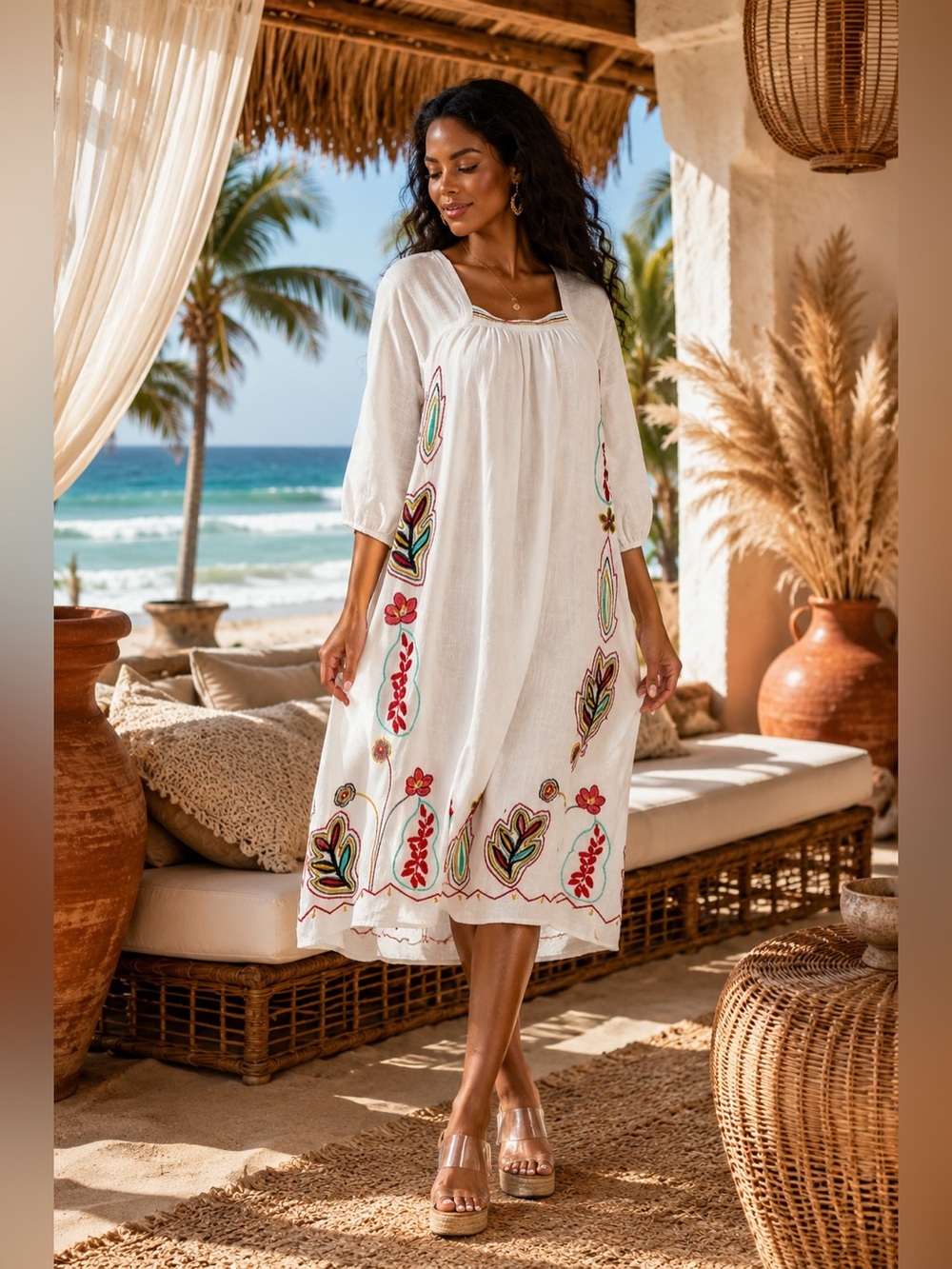 White Embroidered Boho Midi Dress with Colorful Floral Motifs - Picture 2 of 5